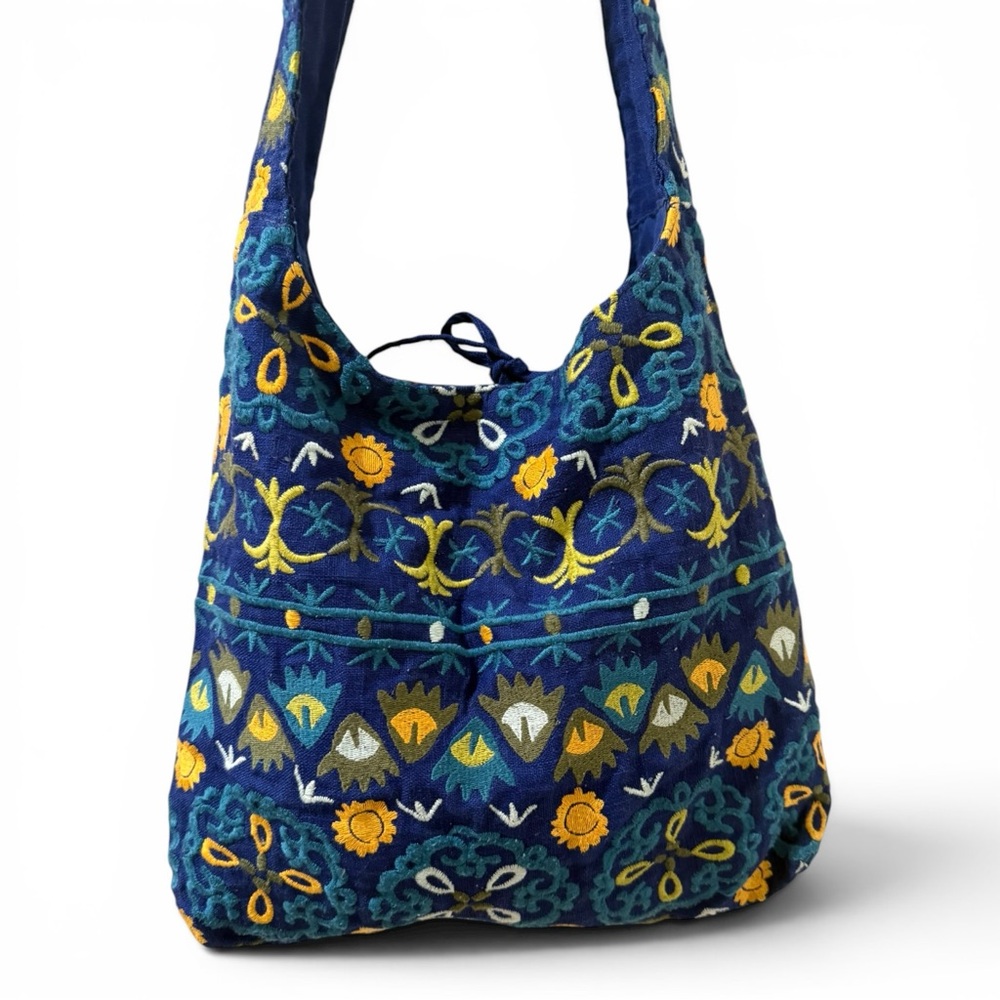 Embroidered Boho Hobo Shoulder Bag Navy Blue Floral Folk Tote